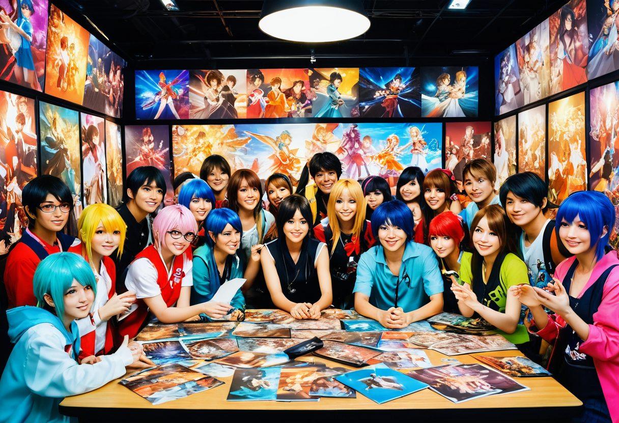 A vibrant collage depicting a lively otaku gathering, showcasing fans in colorful cosplay, surrounded by intricate fan art displays. Include a glowing digital screen in the background illustrating anime scenes, along with an array of art supplies scattered on a table. Capture the spirit of creativity and community with cheerful expressions and dynamic poses. super-realistic. vibrant colors. high contrast.